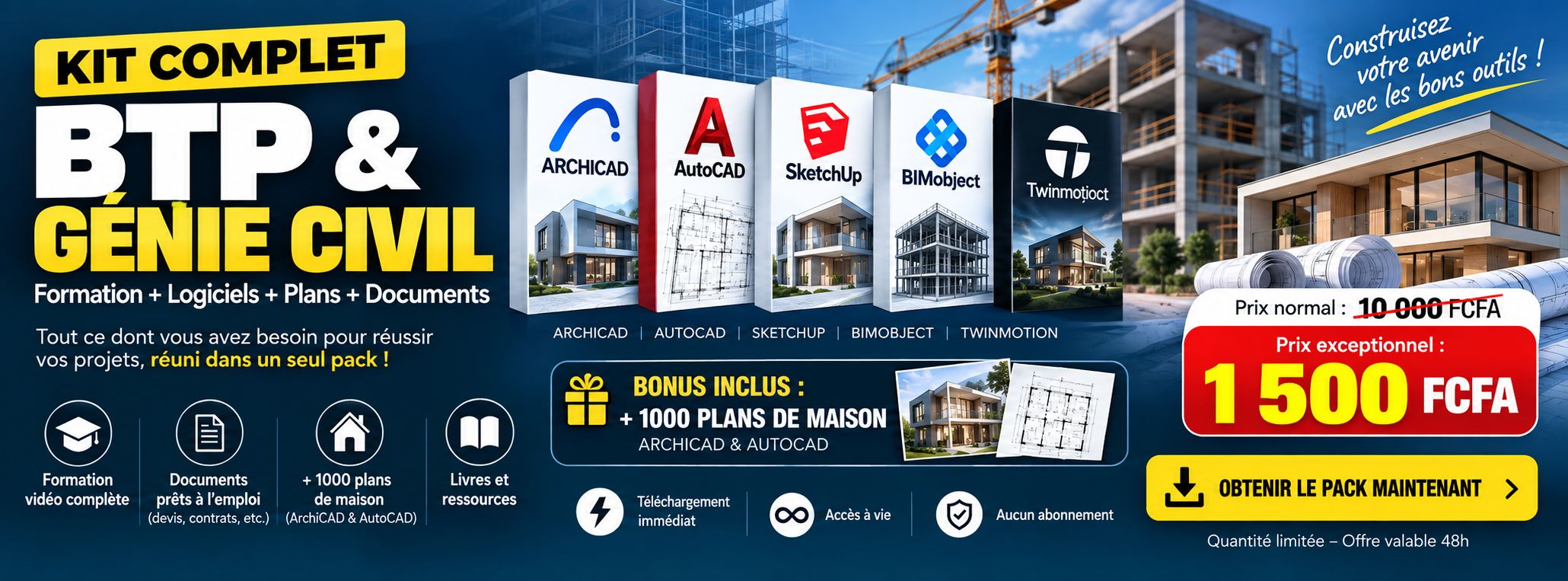 Pack BTP & Génie Civil : +1000 Plans Maisons + 50 Plans villas + Logiciels Pro + Formations