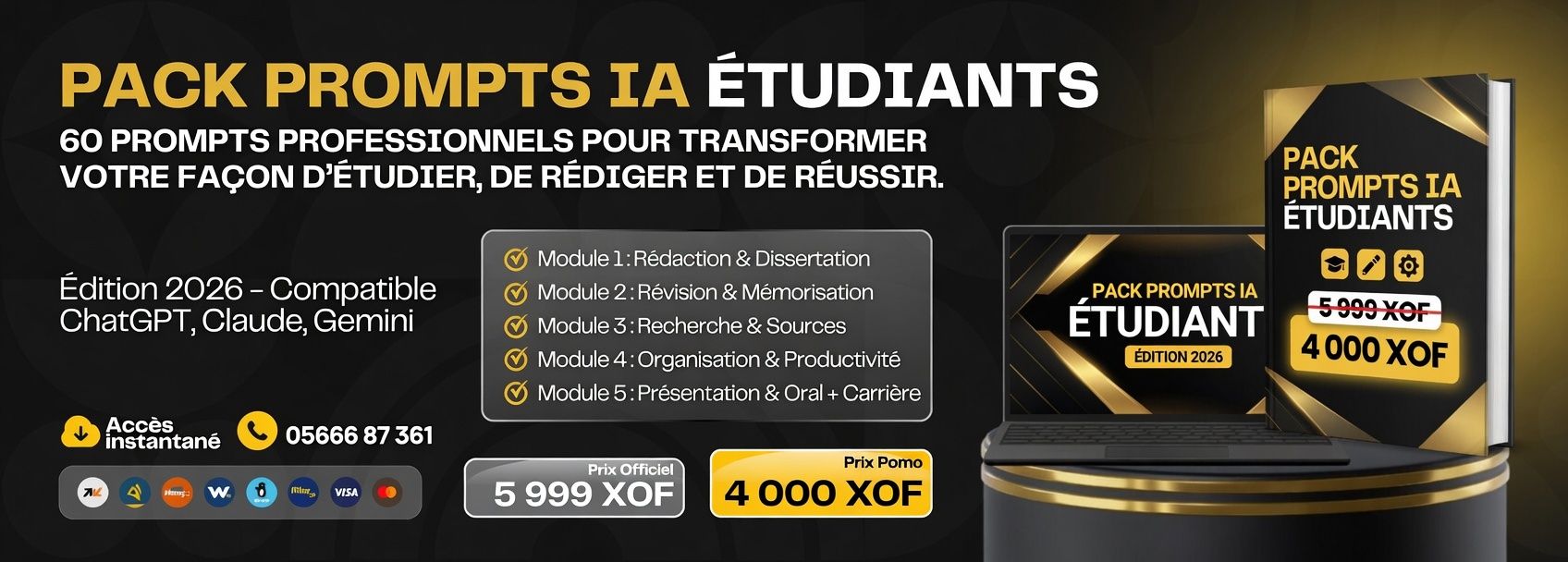 🎓 Réussir ses Études avec l'IA – 60 Prompts ChatGPT, Claude & Gemini pour Étudiants