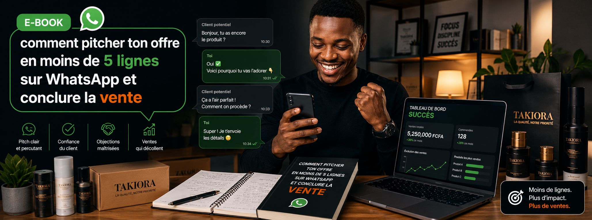 Pitch WhatsApp : Présente ton offre en 5 lignes pour mieux convaincre tes prospects.