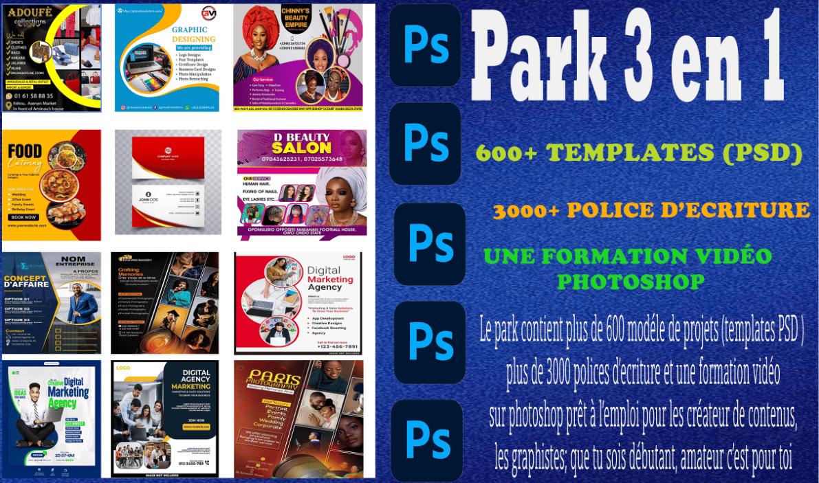 Le Pack Créatif Ultime : 600+ Templates PSD, 3000 Polices & Formation Photoshop Incluse