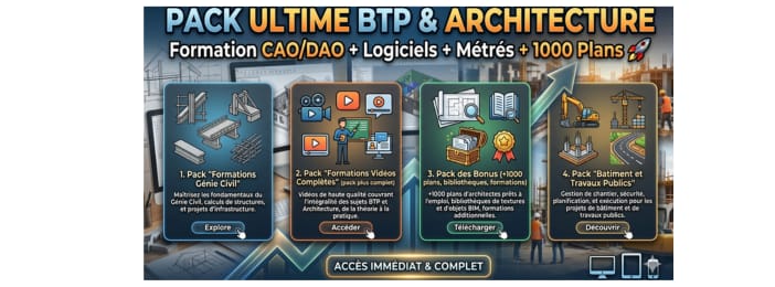 PACK ULTIME BTP & ARCHITECTURE : Formation CAO/DAO + Logiciels + Métrés + 1000 Plans 🚀