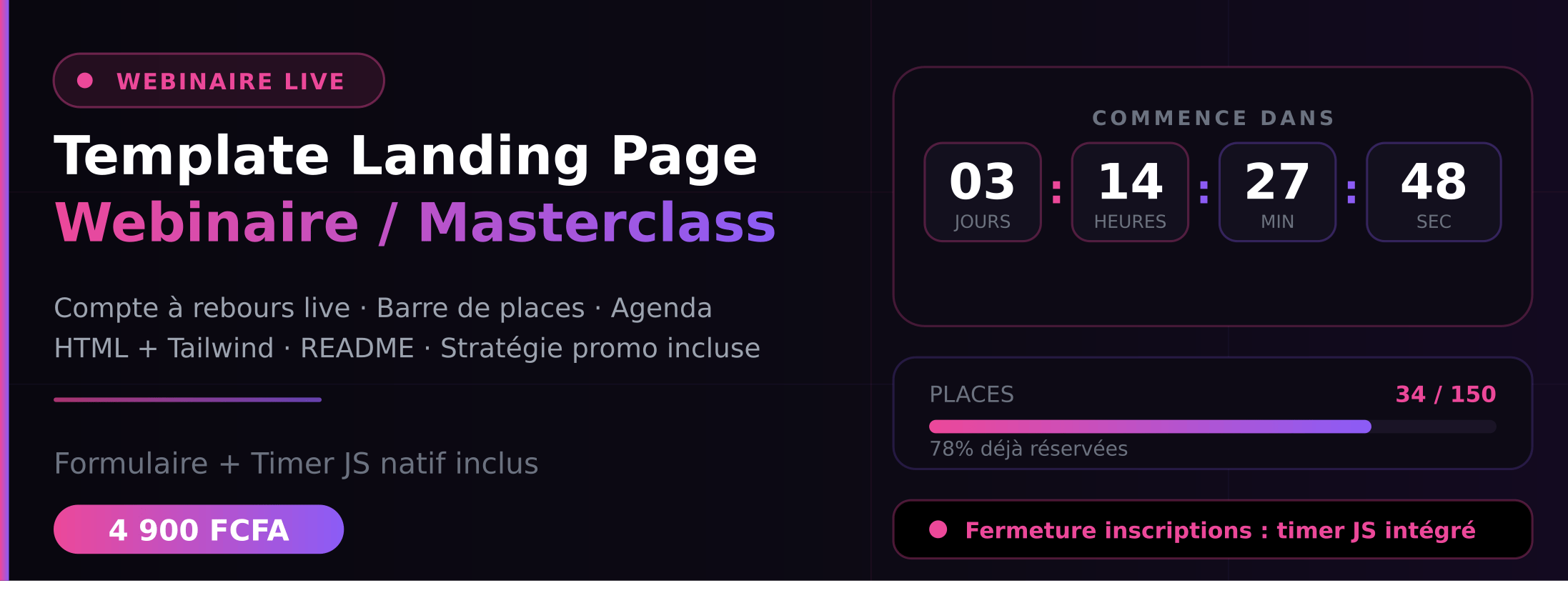 Template Landing Page Webinaire — Compte à rebours | Chariow
