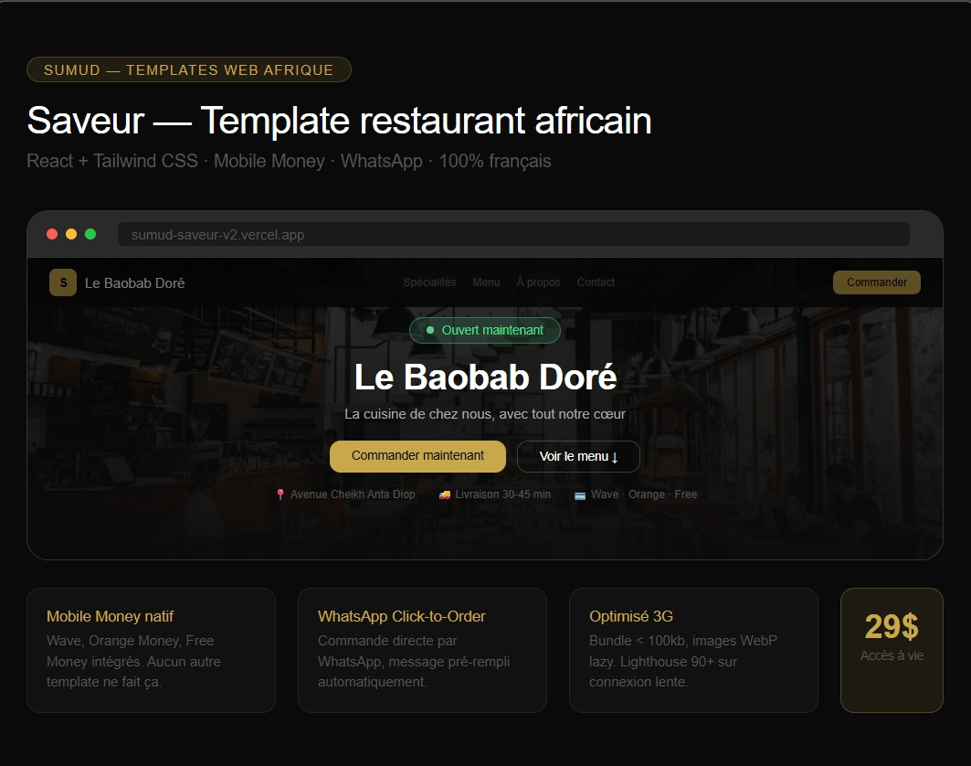 Sumud Saveur — Template restaurant africain · React + Tailwind · Mobile Money + WhatsApp natifs