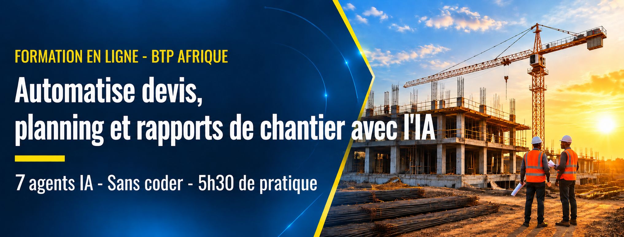 7 Agents IA + 10 Workflows BTP pour automatiser Devis, Planning, Plans et Reporting sans coder.