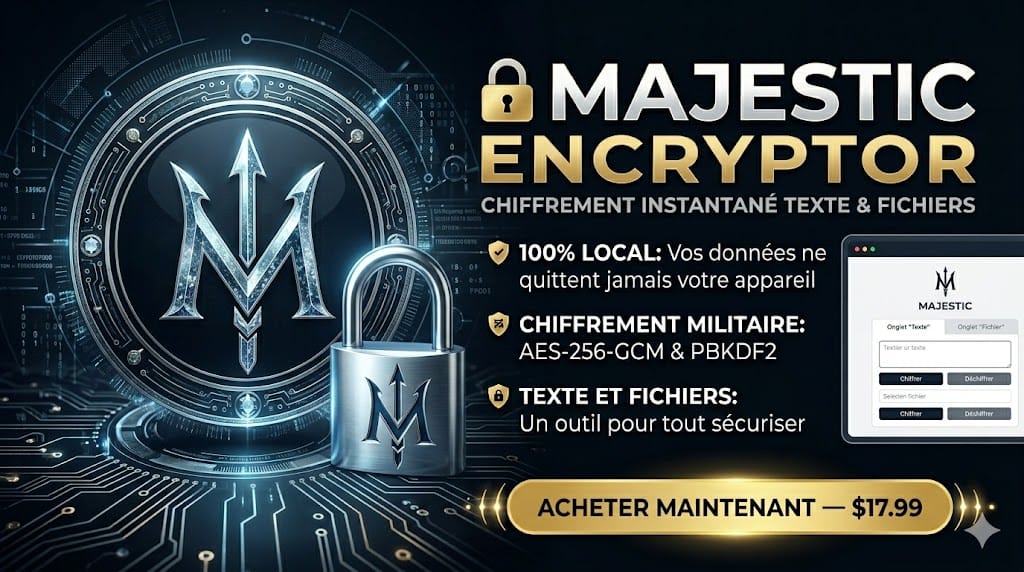🔐 MAJESTIC Encryptor — Chiffrement instantané texte & fichiers
