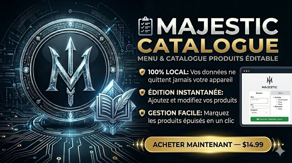 📋 MAJESTIC Catalogue — Menu & catalogue produits éditable