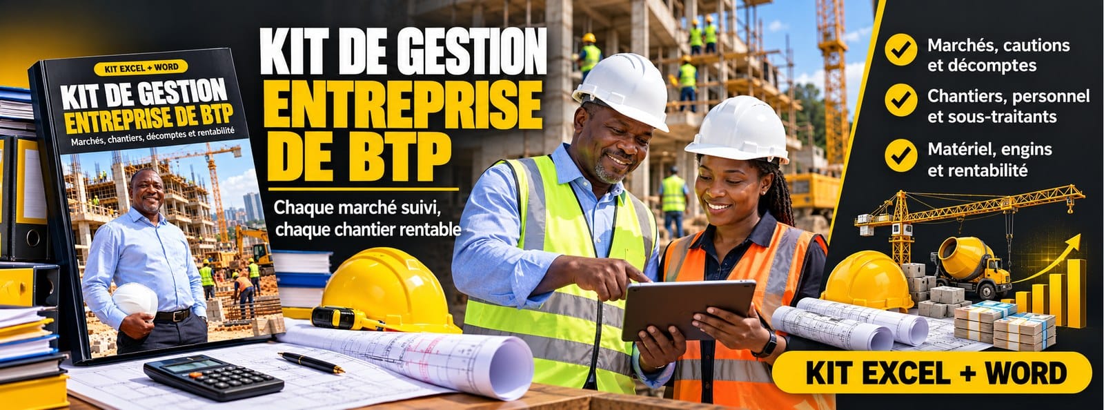 Kit de gestion Entreprise de BTP : marchés, chantiers, décomptes (Excel + Word)