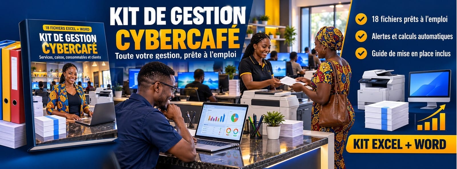 Kit de gestion Cybercafé et Imprimerie : services, caisse, stock et clients