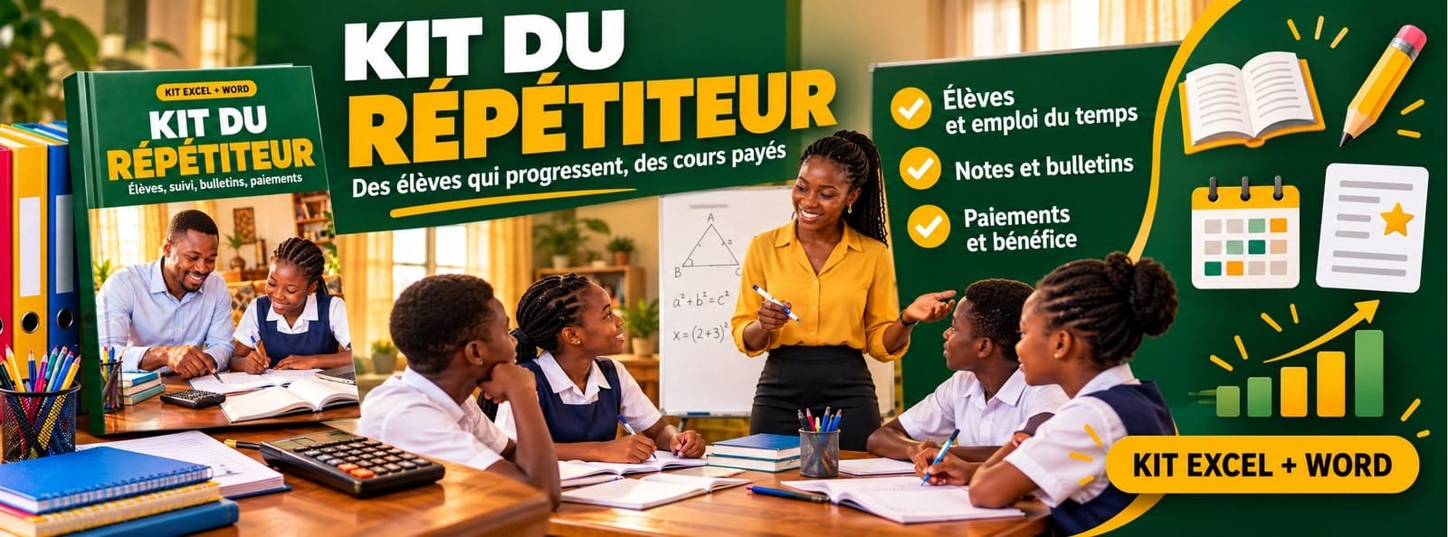 Kit du Répétiteur : élèves, paiements des parents, suivi, bulletins et contrats