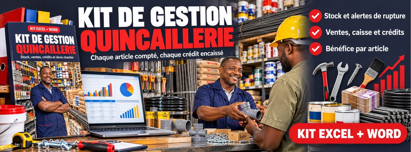 Kit de gestion Quincaillerie : stock, caisse, crédits clients et devis chantier