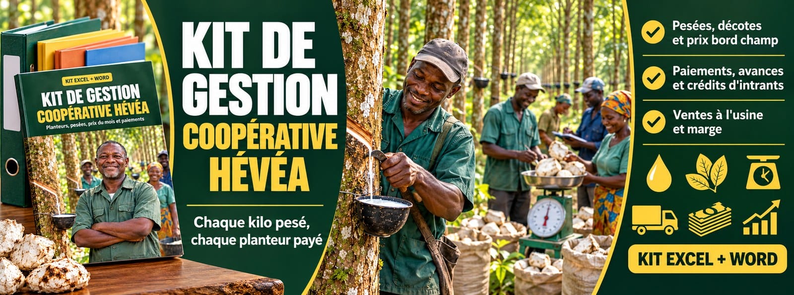 Kit de gestion Coopérative Hévéa : planteurs, pesées, paiements (Excel + Word)
