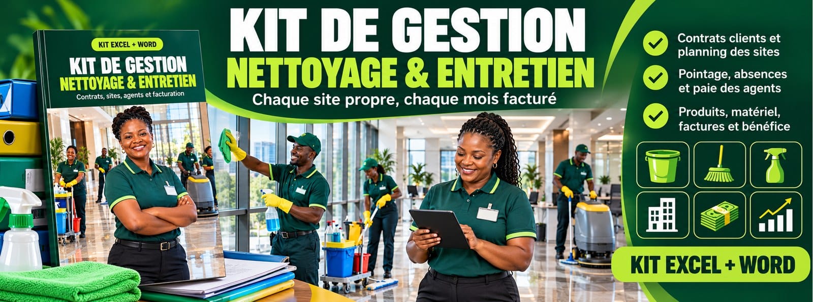 Kit de gestion Nettoyage : contrats, sites, agents, factures (Excel + Word)