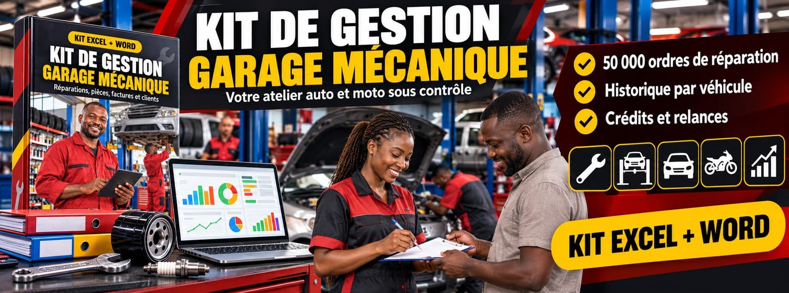 Kit de gestion Garage mécanique : réparations, pièces, factures et clients