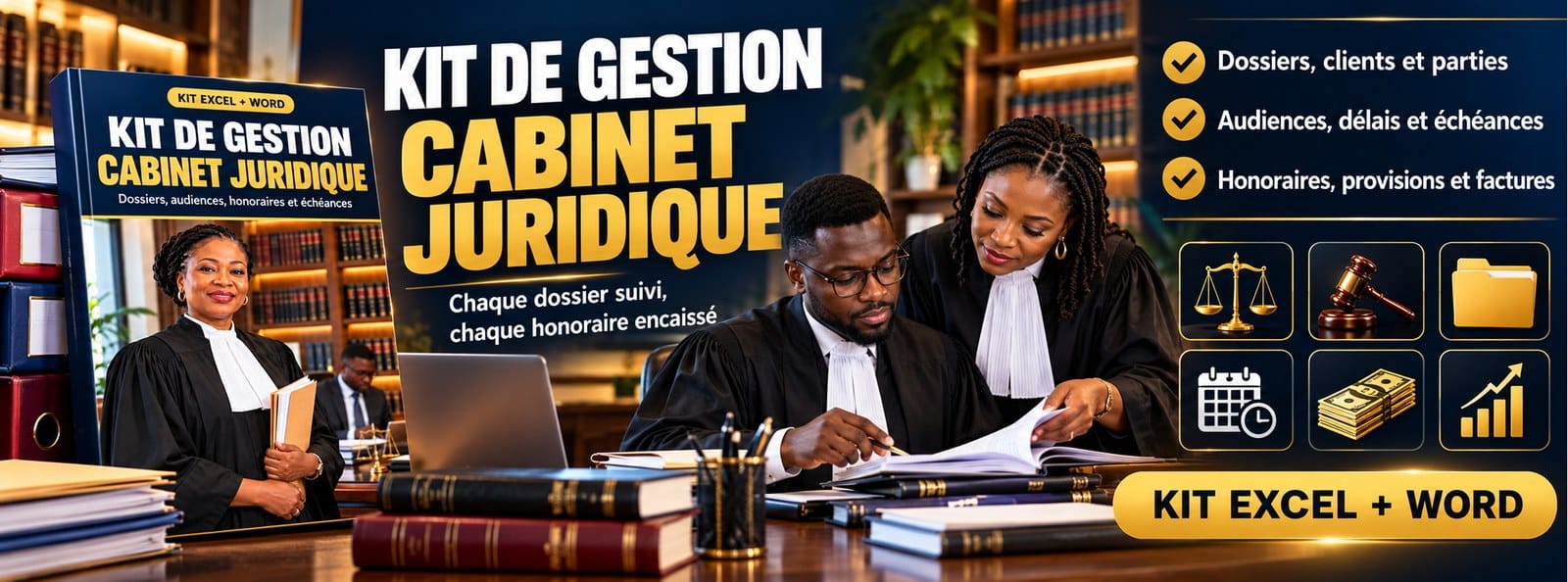 Kit gestion Cabinet juridique : dossiers, audiences, honoraires (Excel + Word)