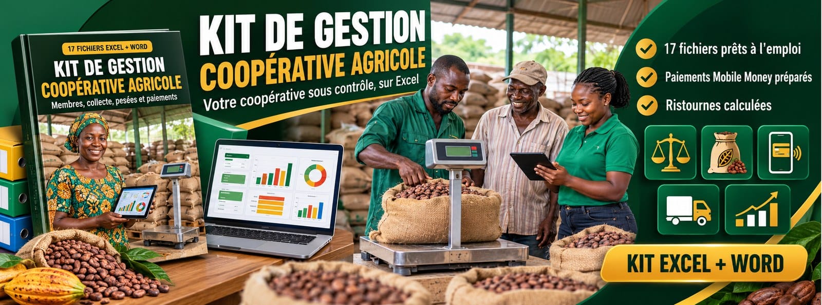 Kit de gestion Coopérative agricole : membres, collecte, pesées et paiements