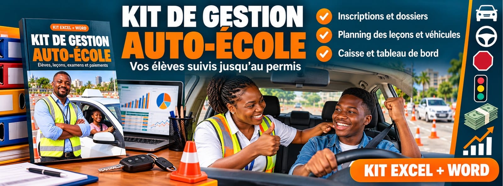 Kit de gestion Auto-école : élèves, paiements, leçons et examens (Excel + Word)