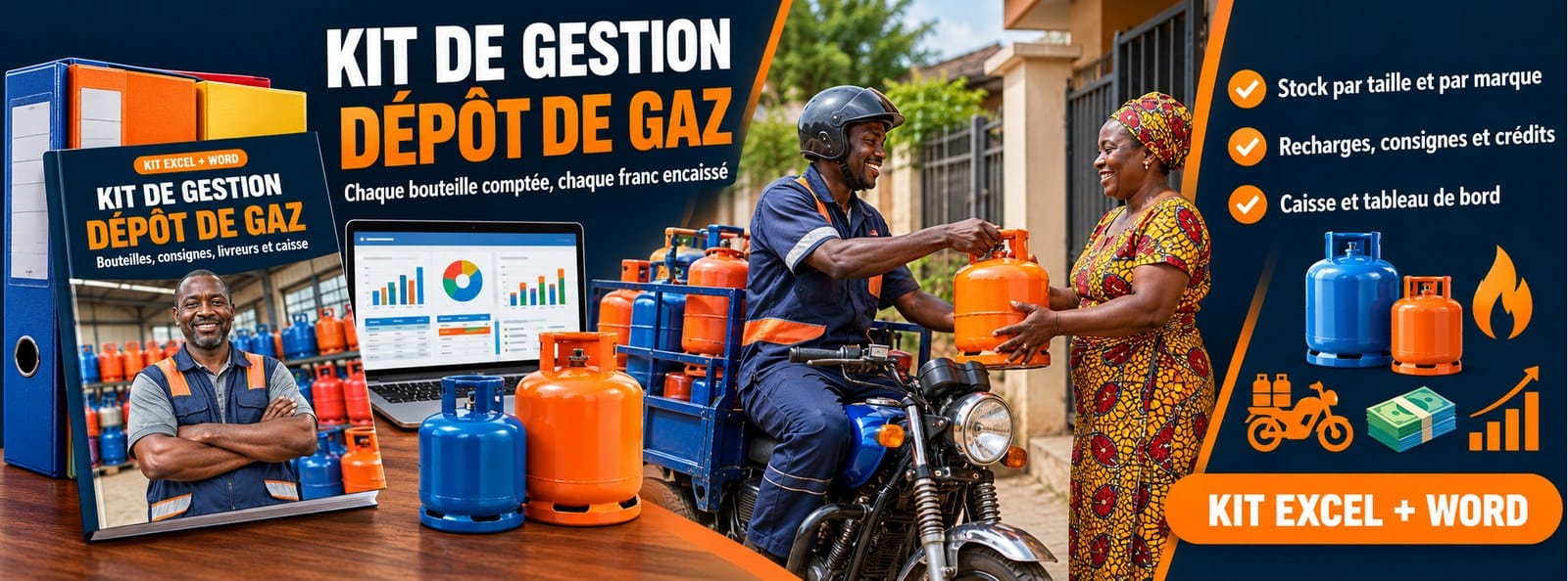 Kit de gestion Dépôt de gaz : bouteilles, consignes, livreurs et caisse (Excel + Word)