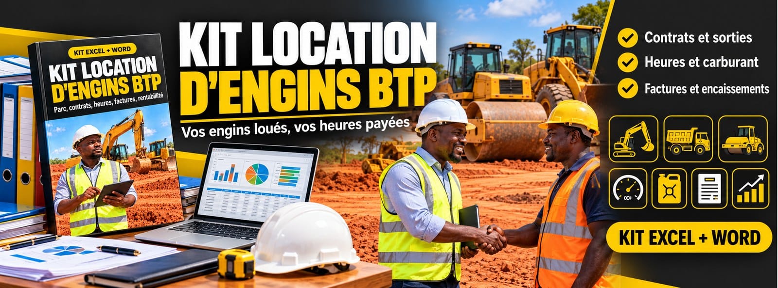 Kit Location d'Engins BTP : parc, contrats, heures, factures et rentabilité