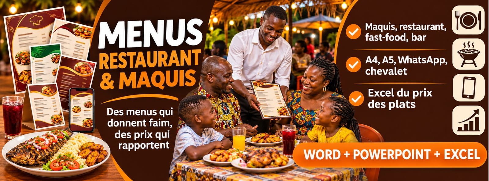Menus de restaurant et de maquis modifiables (Word + PowerPoint + Excel)