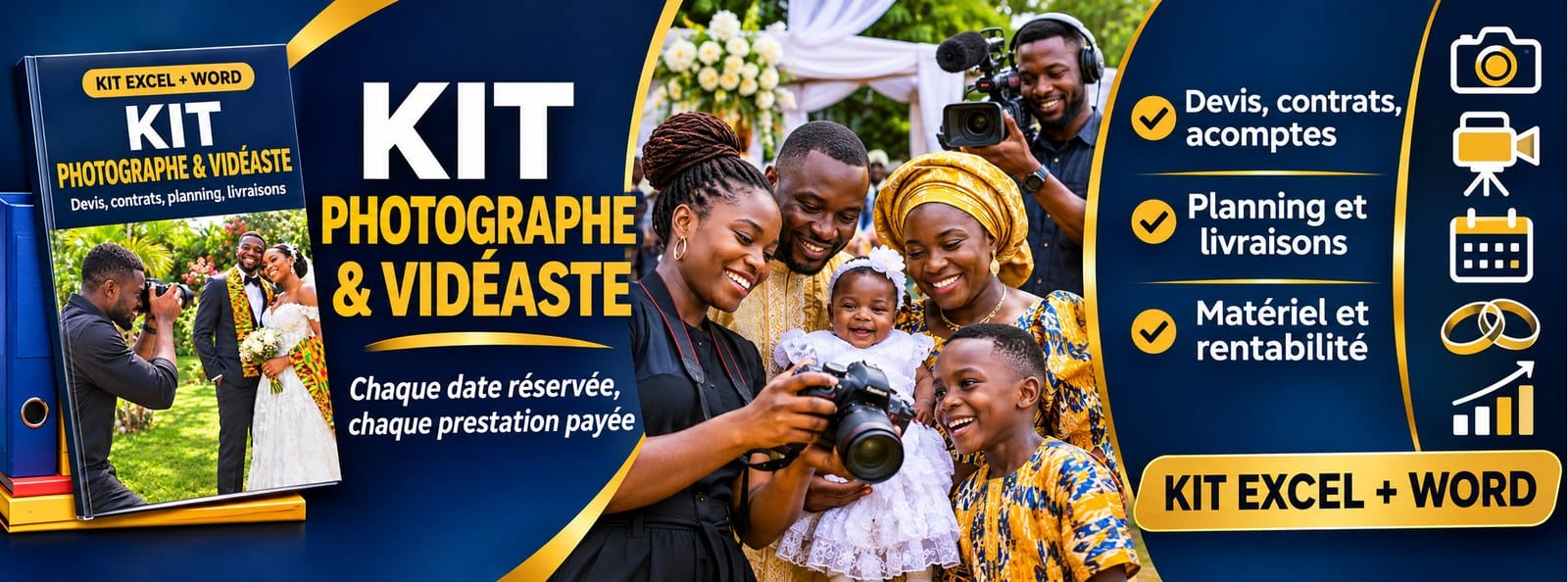 Kit Photographe et Vidéaste : devis, contrats, planning, livraisons (Excel + Word)