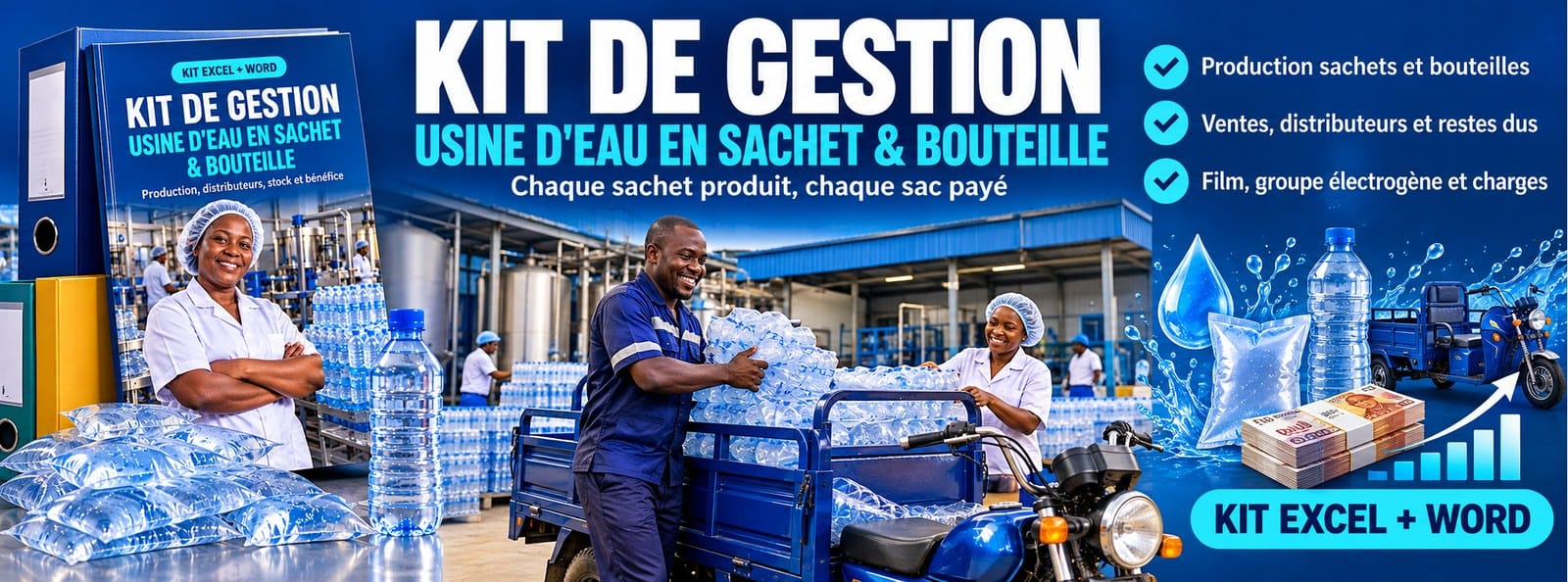 Kit de gestion Usine d'eau : sachets, bouteilles, distributeurs (Excel + Word)