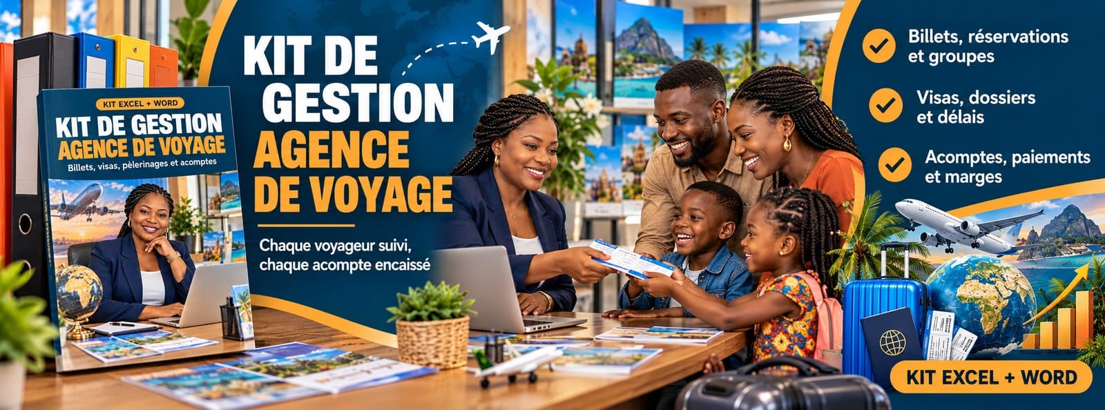 Kit de gestion Agence de voyage : billets, pèlerinages, acomptes (Excel + Word)