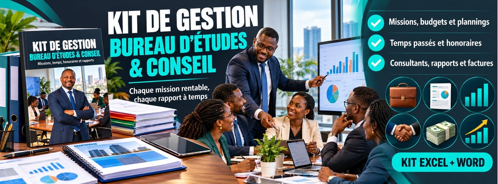 Kit de gestion Bureau d'études : missions, temps, honoraires (Excel + Word)
