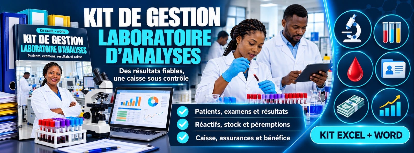 Kit de gestion Laboratoire d'analyses : patients, résultats, réactifs, caisse