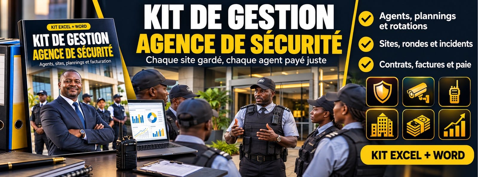 Kit de gestion Agence de sécurité : agents, sites, planning, paie (Excel + Word)