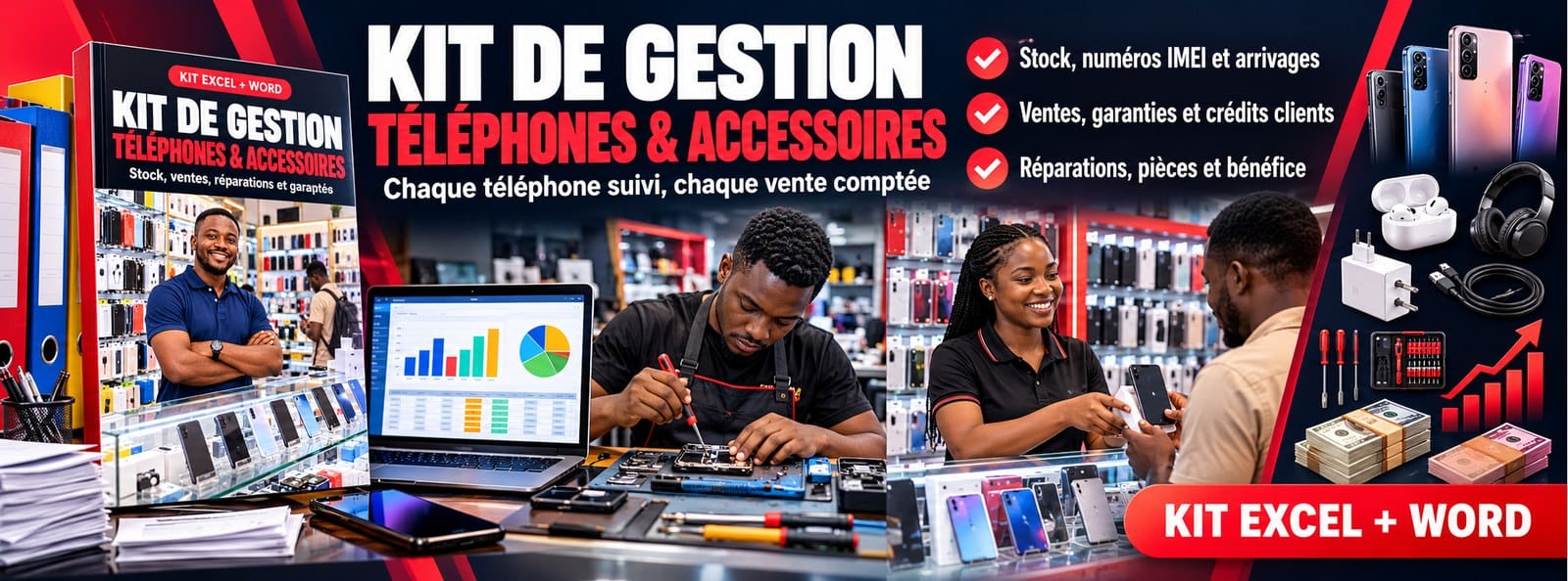 Kit gestion Téléphones & accessoires : stock IMEI, ventes, réparations