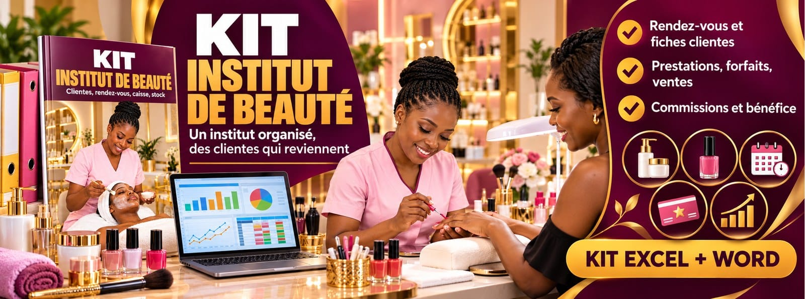 Kit Institut de Beauté : clientes, rendez-vous, caisse, stock et commissions