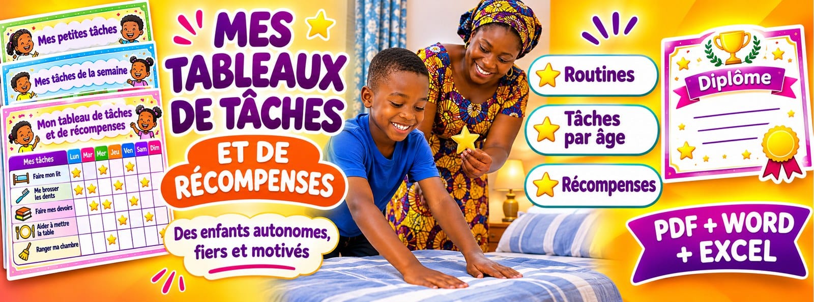 Tableaux de tâches et de récompenses pour enfants : 16 tableaux + Excel