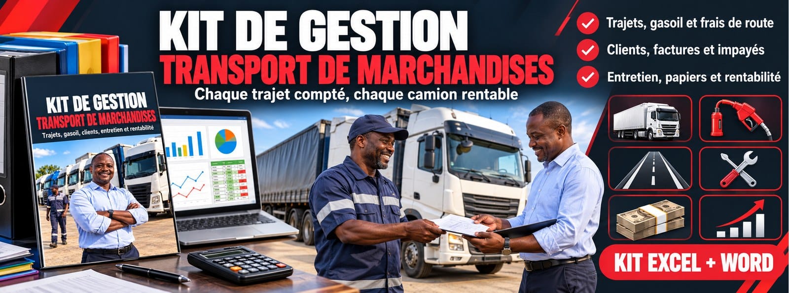 Kit de gestion Transport de marchandises : trajets, gasoil, camions, clients