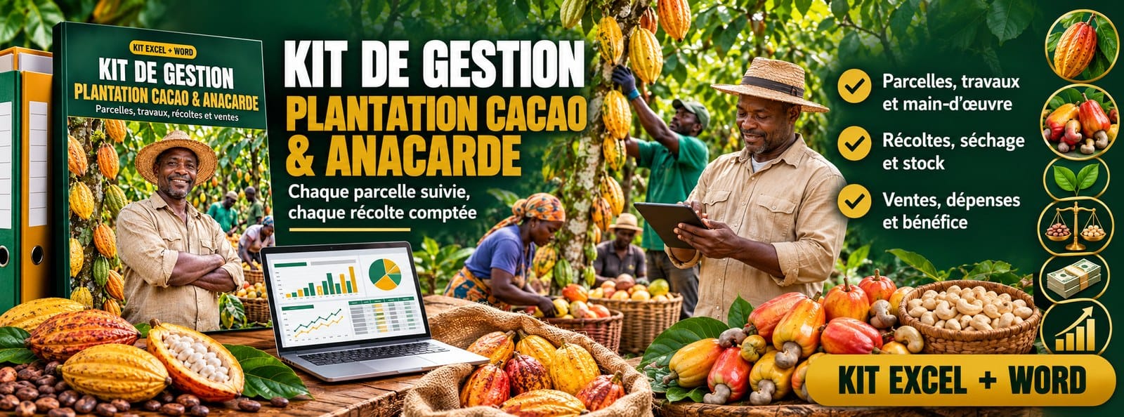 Kit de gestion Plantation cacao & anacarde : récoltes, ouvriers, ventes