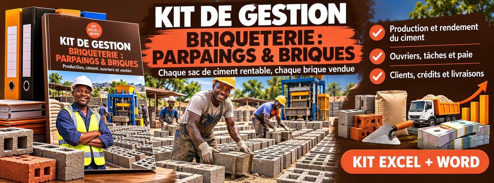 Kit de gestion Briqueterie : parpaings, ciment, ouvriers, ventes (Excel + Word)