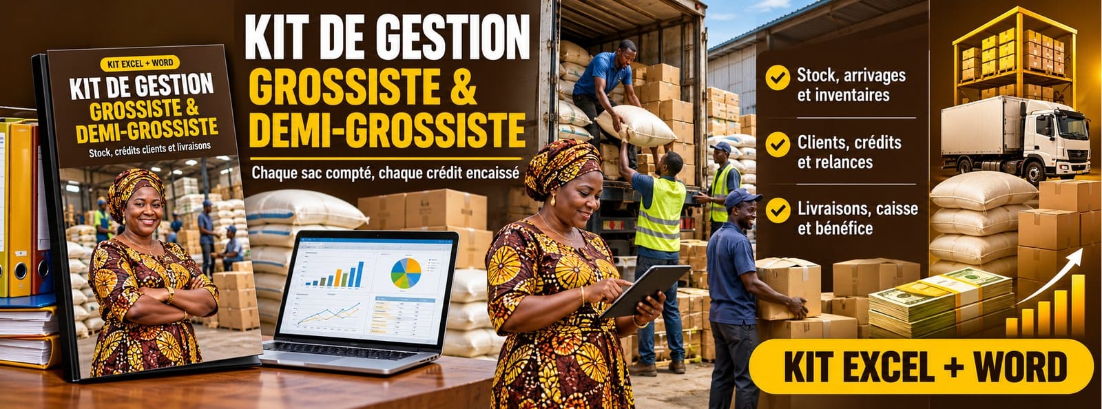 Kit de gestion Grossiste : stock, crédits clients, livraisons (Excel + Word)