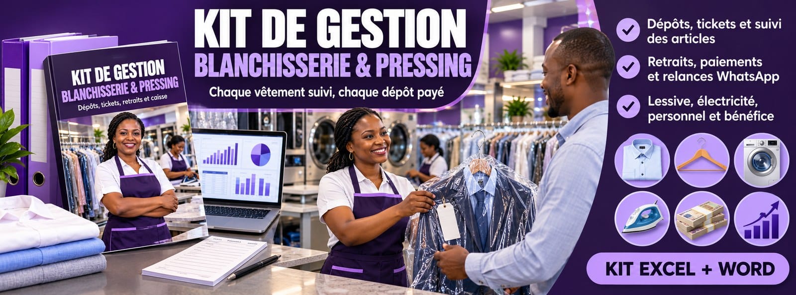Kit de gestion Blanchisserie & Pressing : dépôts, tickets, caisse (Excel + Word)