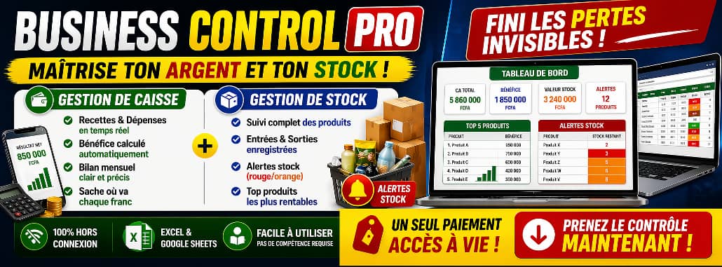 Business Control Pro — Stock + Caisse + Bénéfice. Tout automatique. Sans comptable.