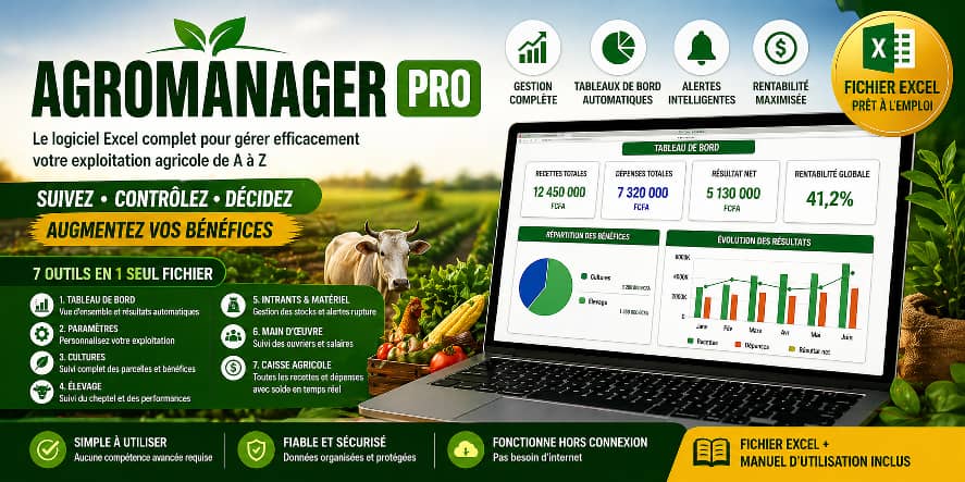 AgroManager Pro — Cultures, Élevage et Caisse. Tout géré en un seul fichier.
