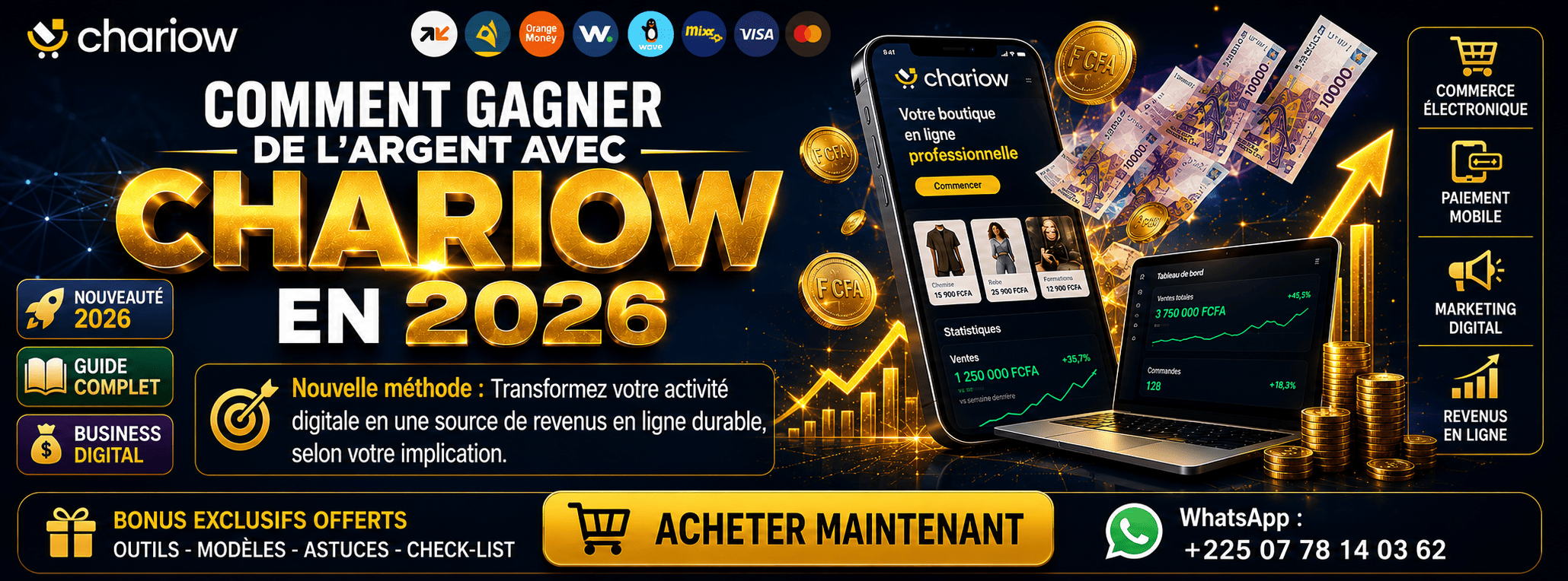 Comment gagner de l'argent avec chariow en 2026