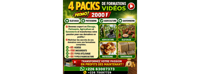 Pack de 4 formations(Élevage, Agriculture, Savonnerie, Pâtisserie)