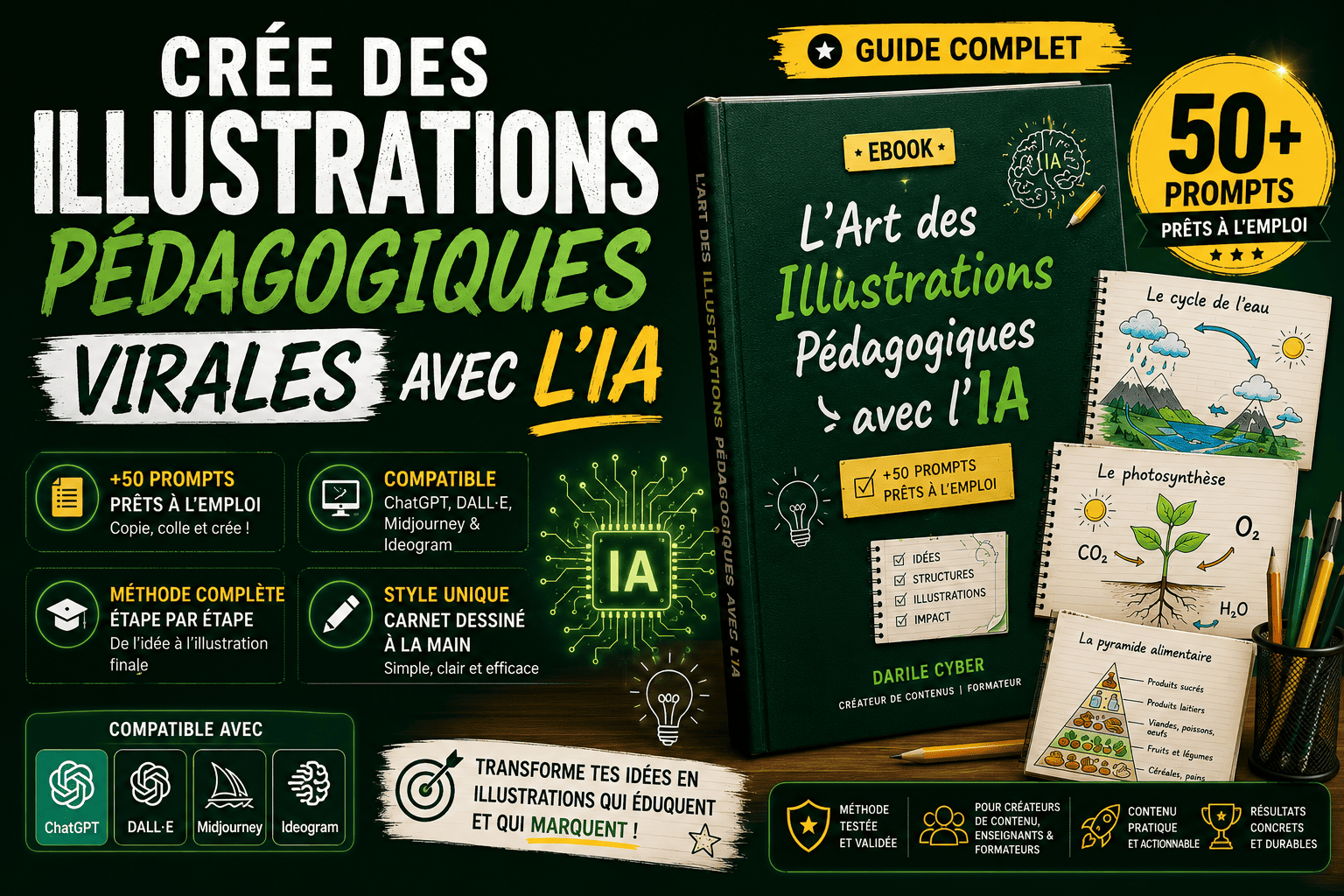 Crée des Illustrations Pédagogiques Virales avec l'IA +50 prompts prêts à copier-coller.