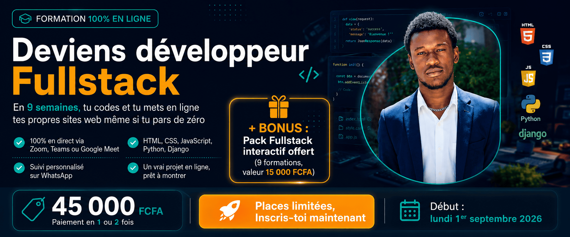 Formation Développeur Web Fullstack en Live. HTML, CSS, JS, Python & Django (1/2)