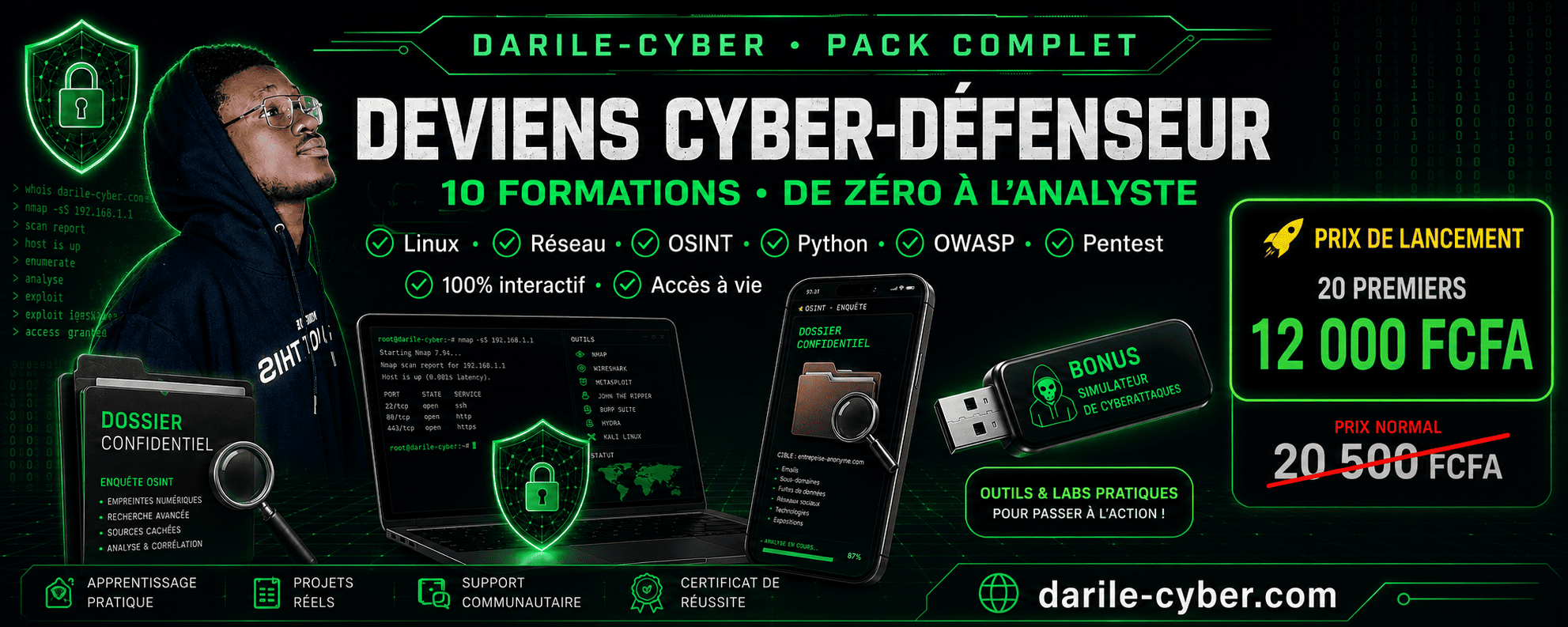 Cybersécurité : de Zéro à Cyber-Défenseur (Pack Complet, 10 Formations)