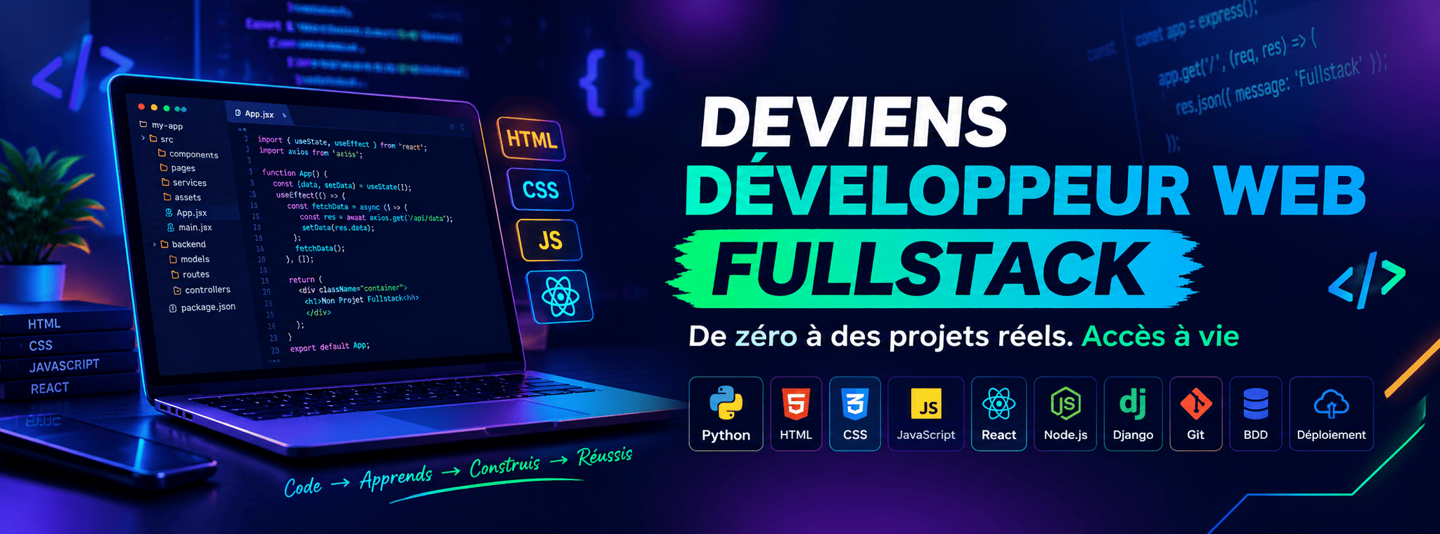 Deviens Développeur Web de Zéro au Fullstack (9 formations, accès à vie)