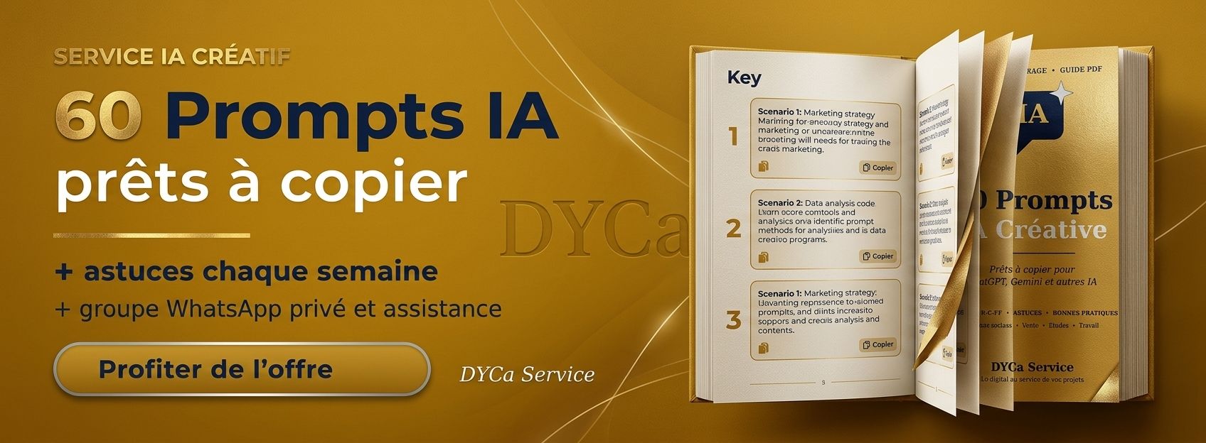 Service IA Créatif : prompts prêts à l'emploi, astuces chaque semaine et groupe WhatsApp privé