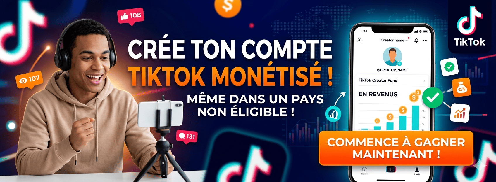 Création d'un compte TikTok monétisé dans un pays non éligible plus configuration et accompagnement