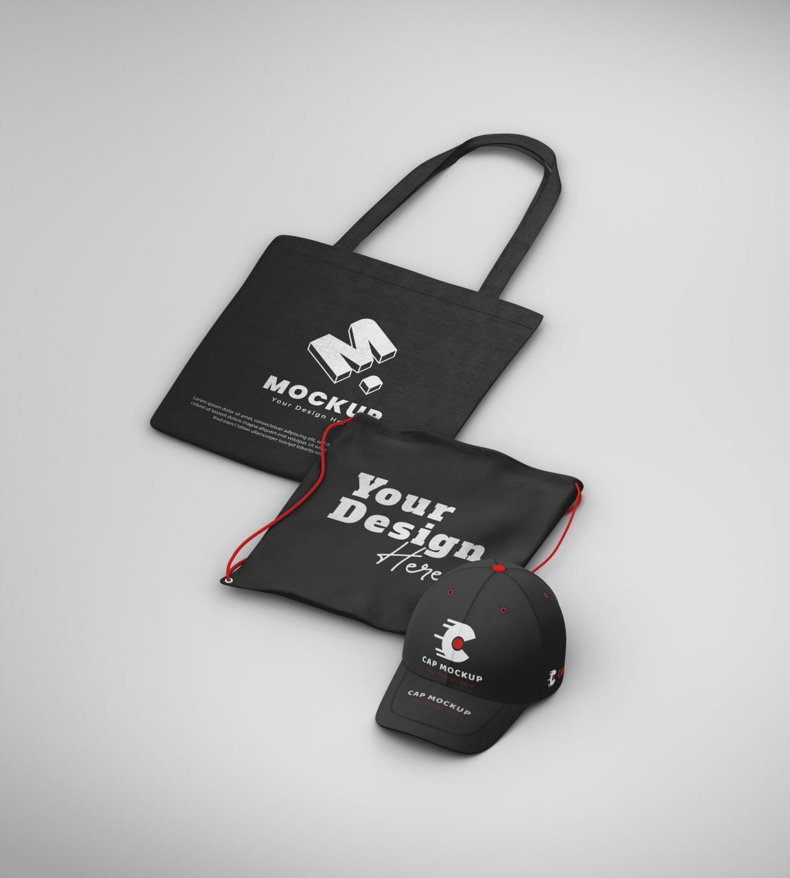 Pack Mockup Textile Premium – Tote Bag, Sac à Cordon & Casquette Noir Élégant
