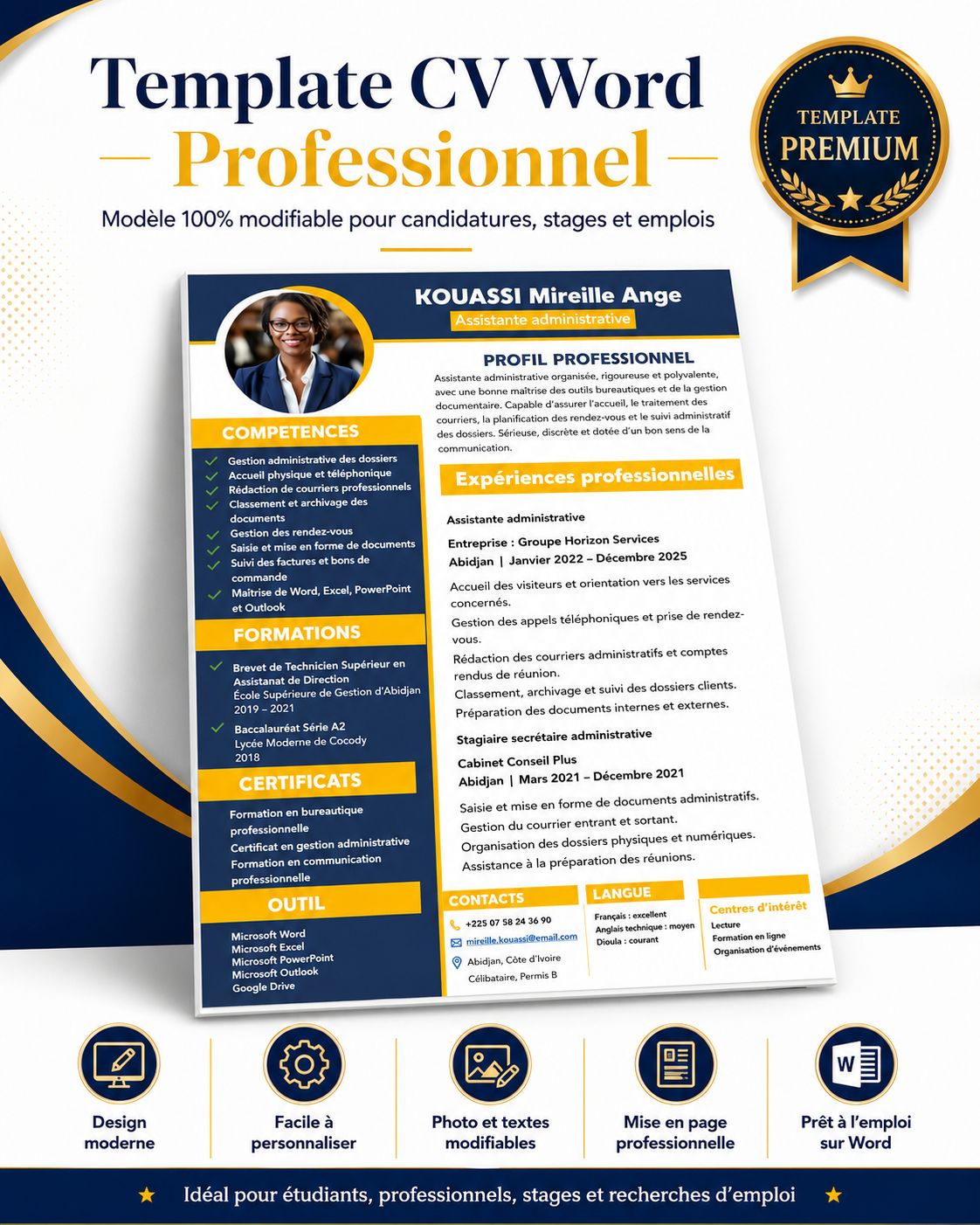 Template CV Word Modifiable – Modèle CV Assistante Administrative Professionnel