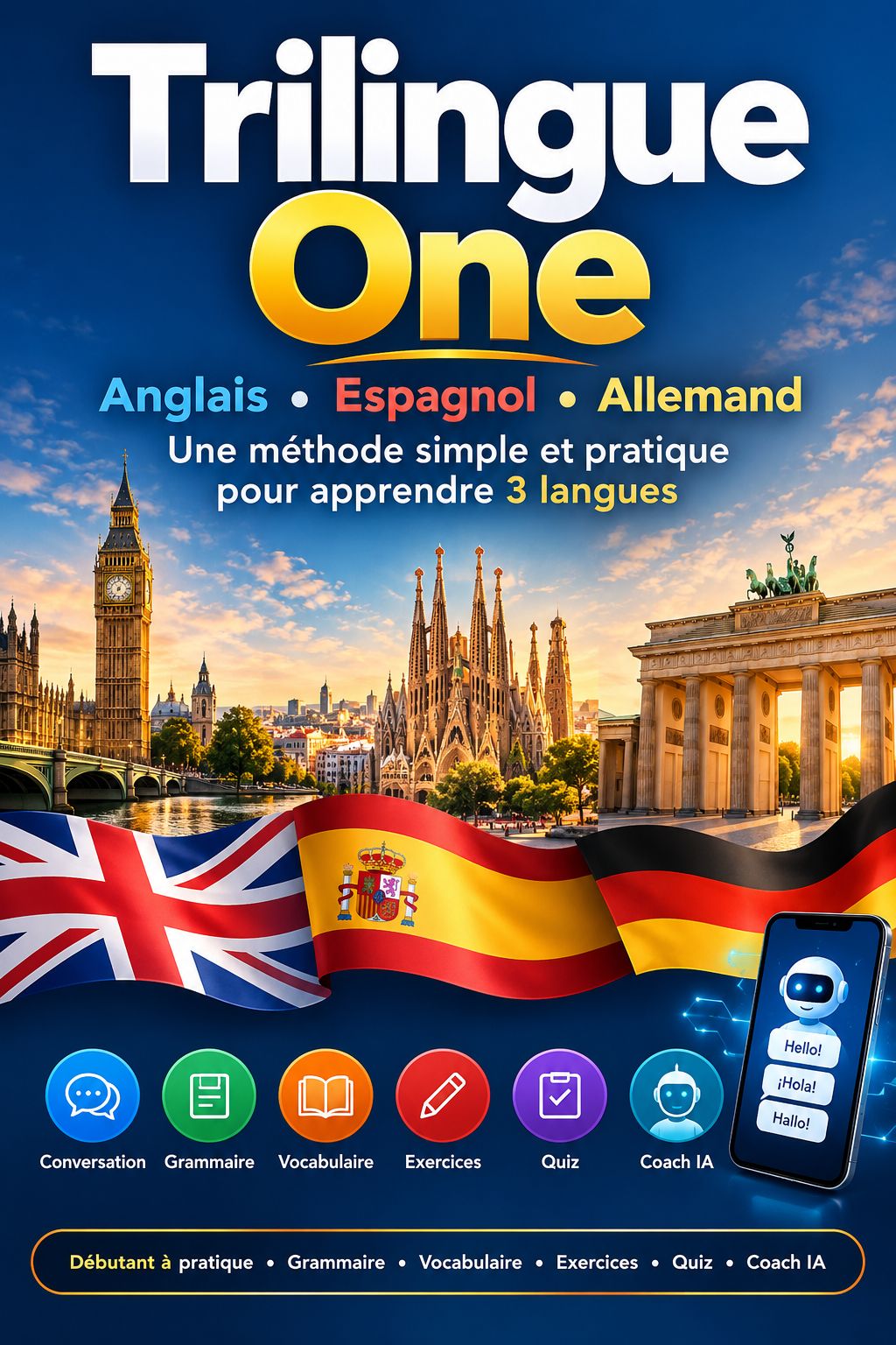 Trilingue One — Apprendre l’anglais, l’espagnol et l’allemand avec une seule méthode